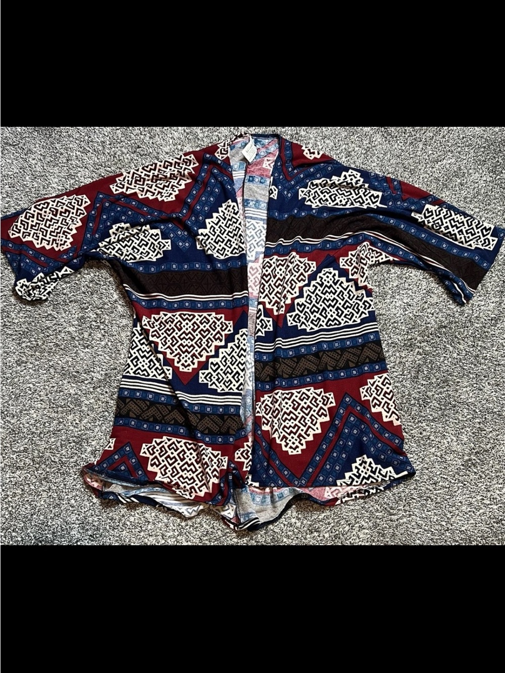 Old Navy Geometric Open-Front Tunic Cardigan in Burgundy, Navy & Cream